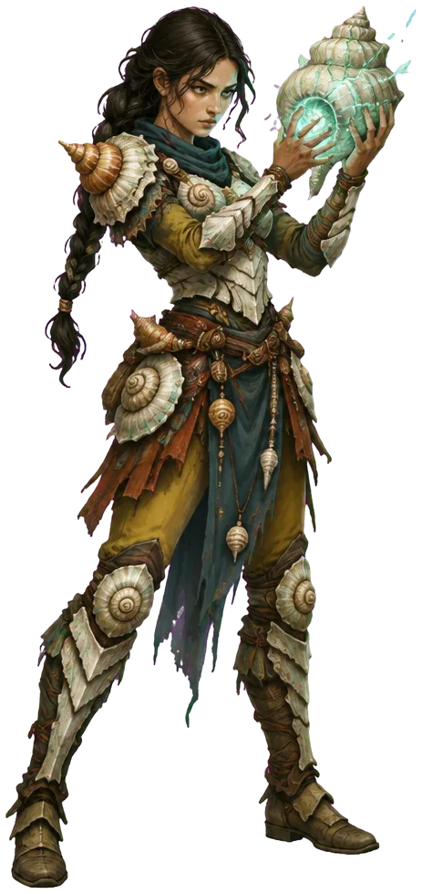 Shellcaster berkepang memegang kerang yang retak dan bersinar